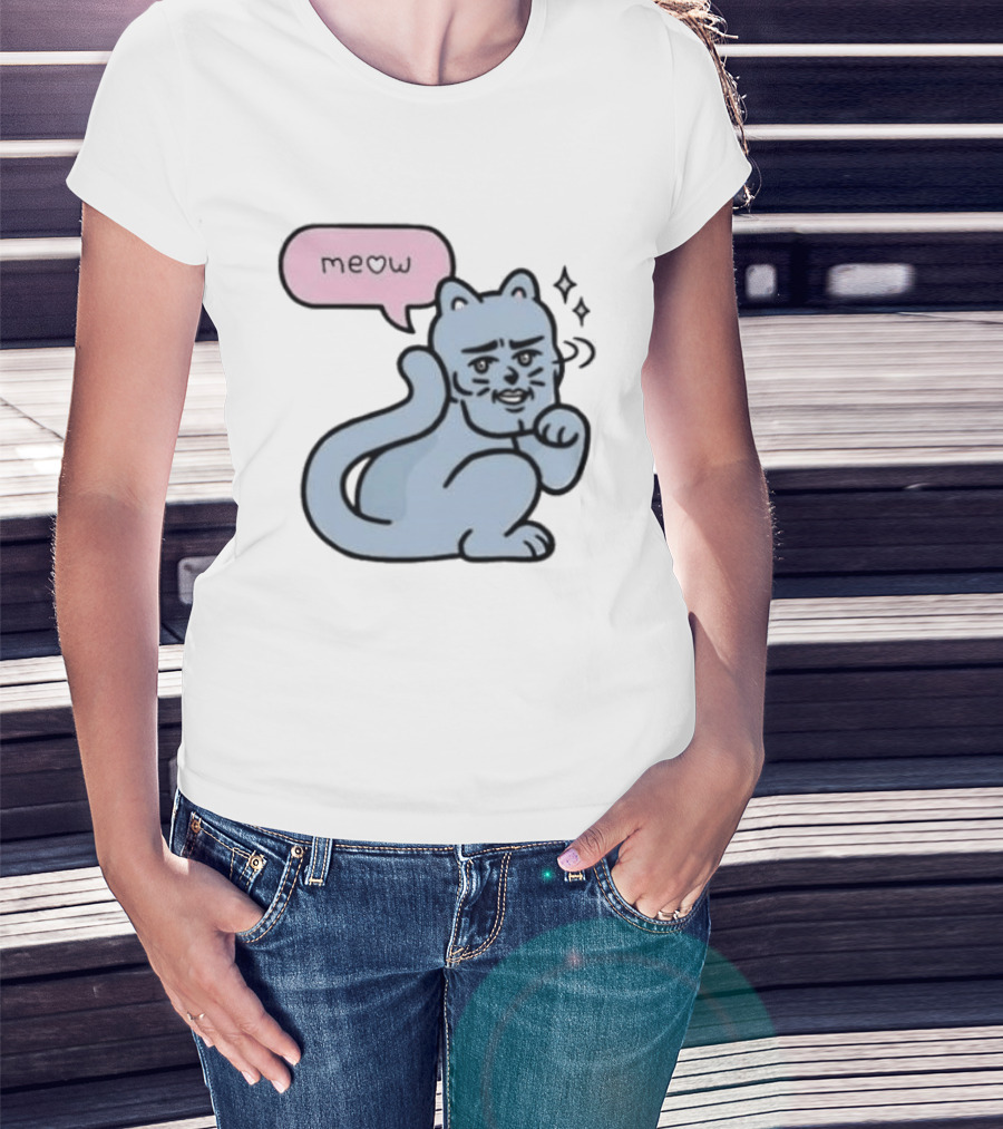 Meow Meme Cat With Human Face And Sparkles T-Shirt
