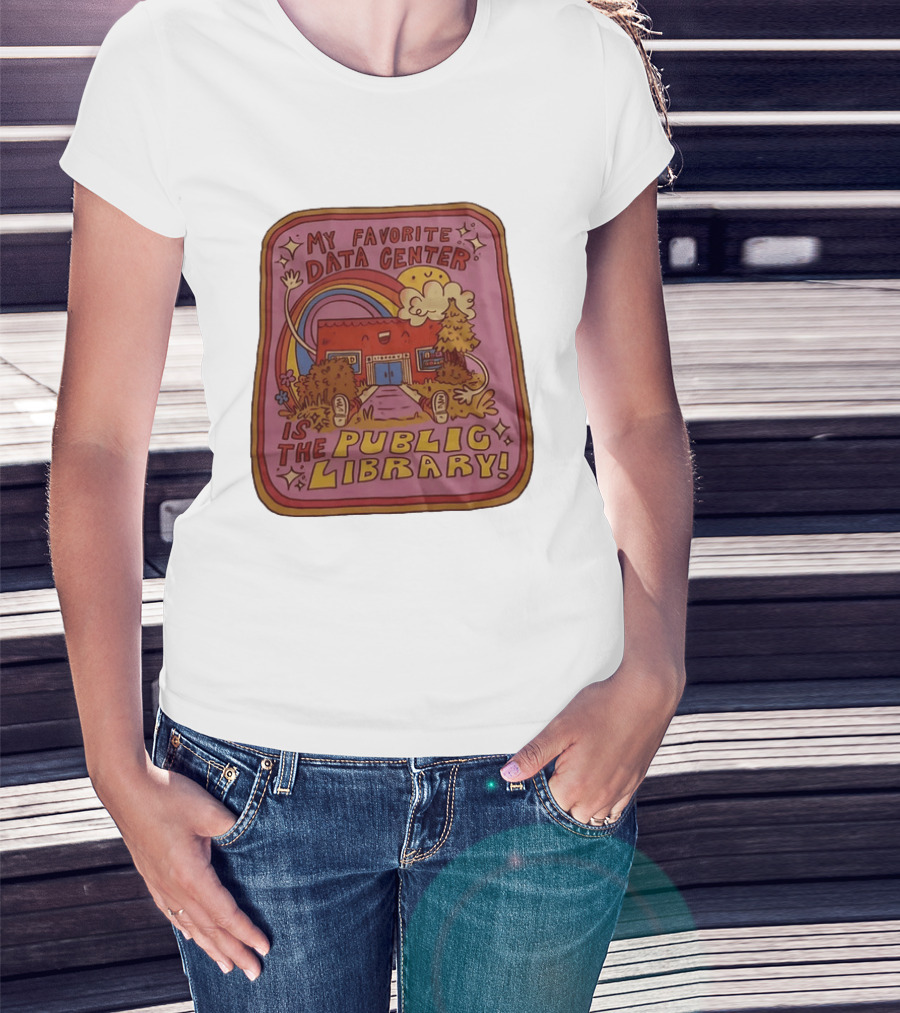 My Favorite Data Center Is The Public Library Rainbow Cartoon Library Scene T-Shirt