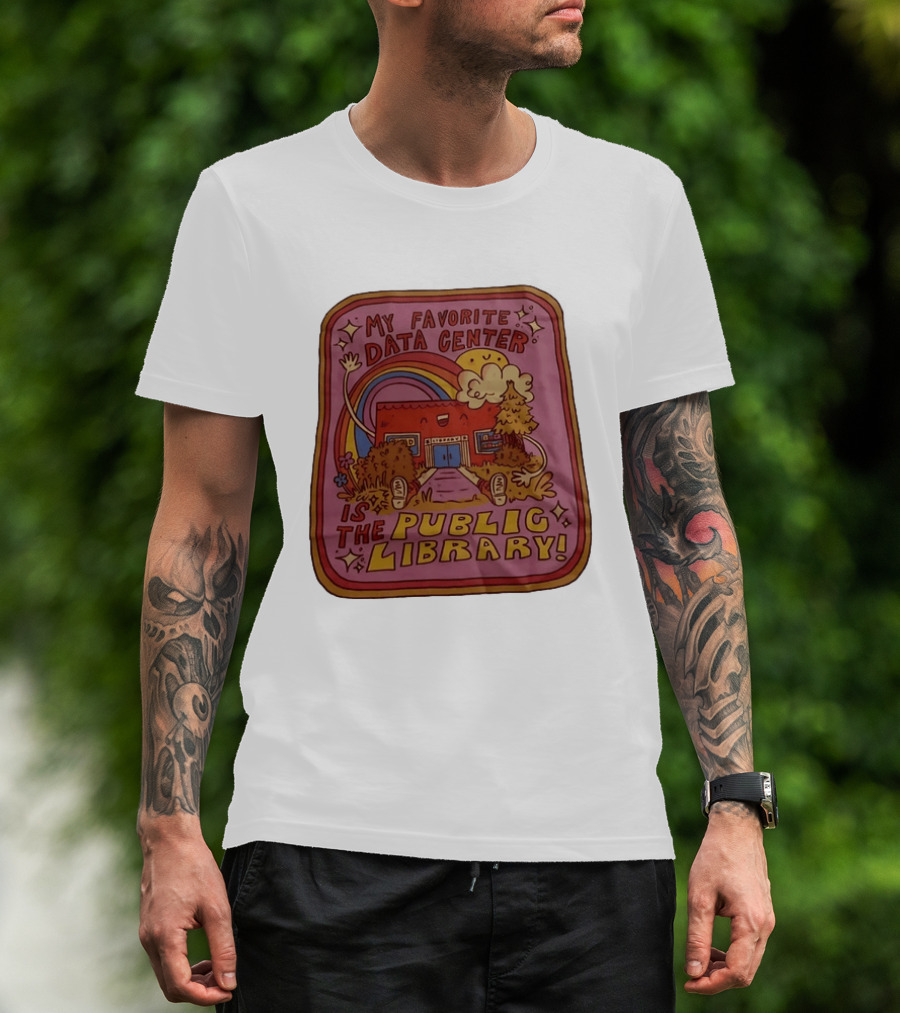 My Favorite Data Center Is The Public Library Rainbow Cartoon Library Scene T-Shirt
