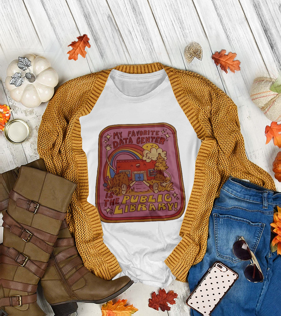 My Favorite Data Center Is The Public Library Rainbow Cartoon Library Scene T-Shirt