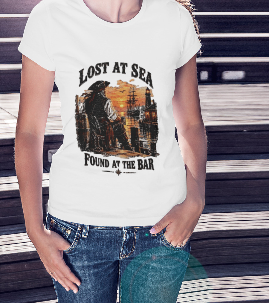 Lost At Sea Found At The Bar Pirate Sunset Tavern Lighthouse Nautical Adventure T-Shirt