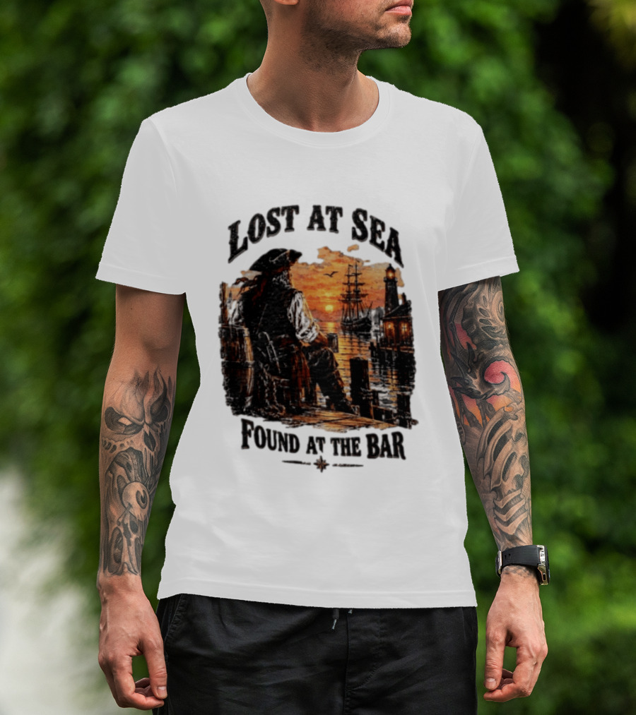 Lost At Sea Found At The Bar Pirate Sunset Tavern Lighthouse Nautical Adventure T-Shirt