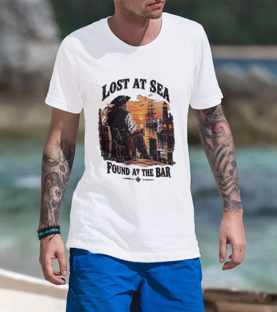 Lost At Sea Found At The Bar Pirate Sunset Tavern Lighthouse Nautical Adventure T-Shirt