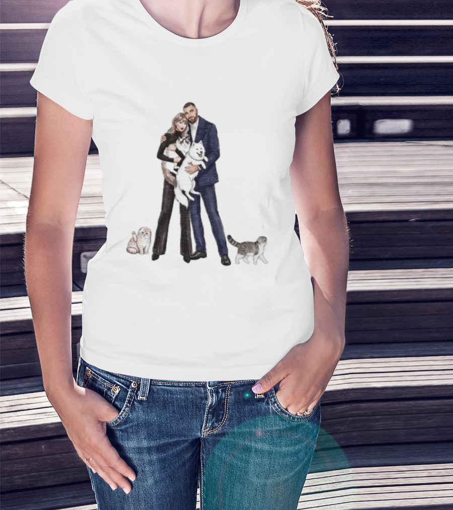 Kansas City Chiefs Couple Taylor Travis Kelce With Cats And Dog T-Shirt