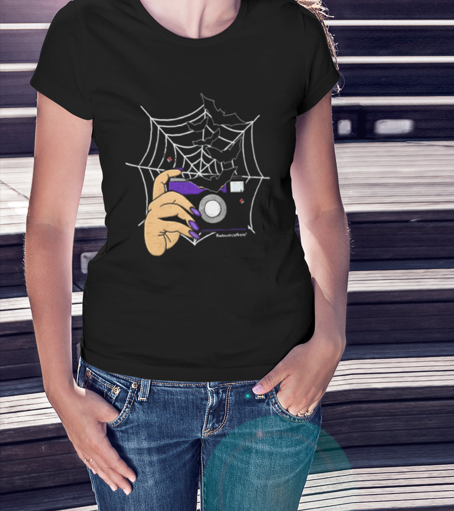 AmberNicoPhoto Camera With Bats And Spider Web Halloween T-Shirt