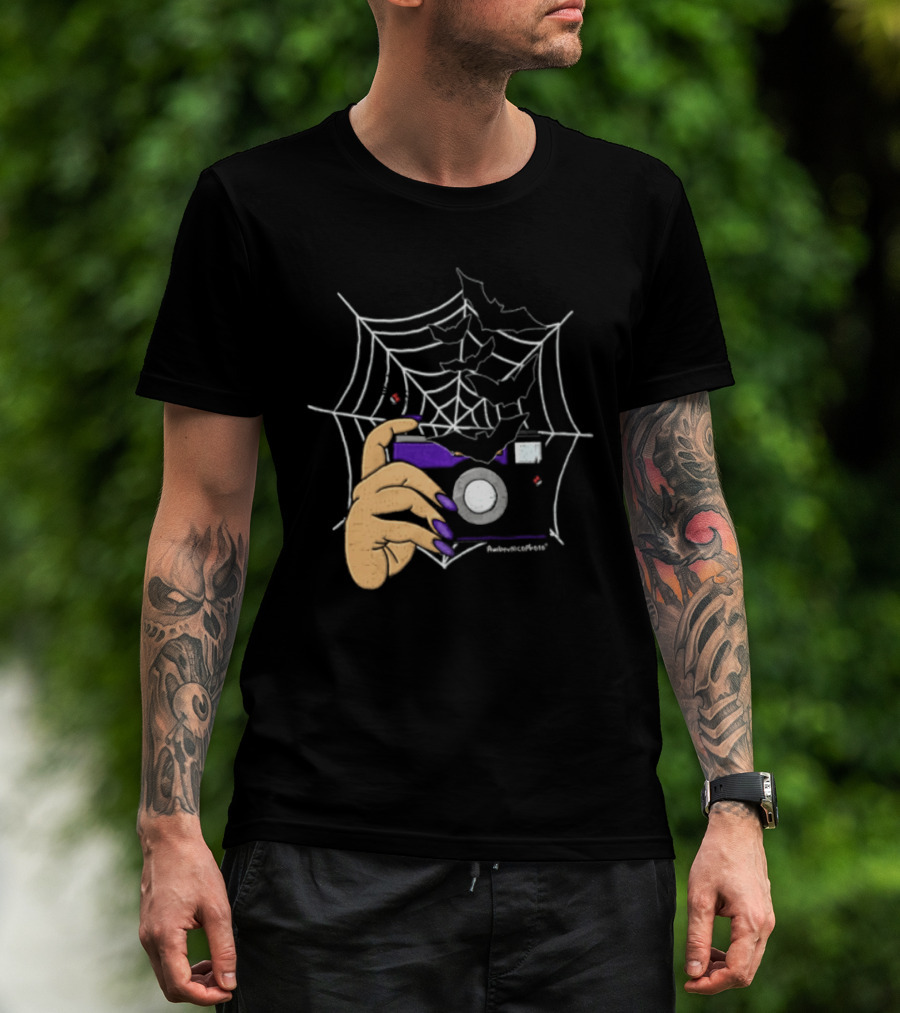 AmberNicoPhoto Camera With Bats And Spider Web Halloween T-Shirt