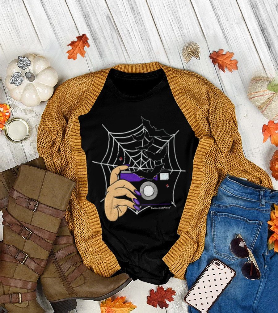 AmberNicoPhoto Camera With Bats And Spider Web Halloween T-Shirt