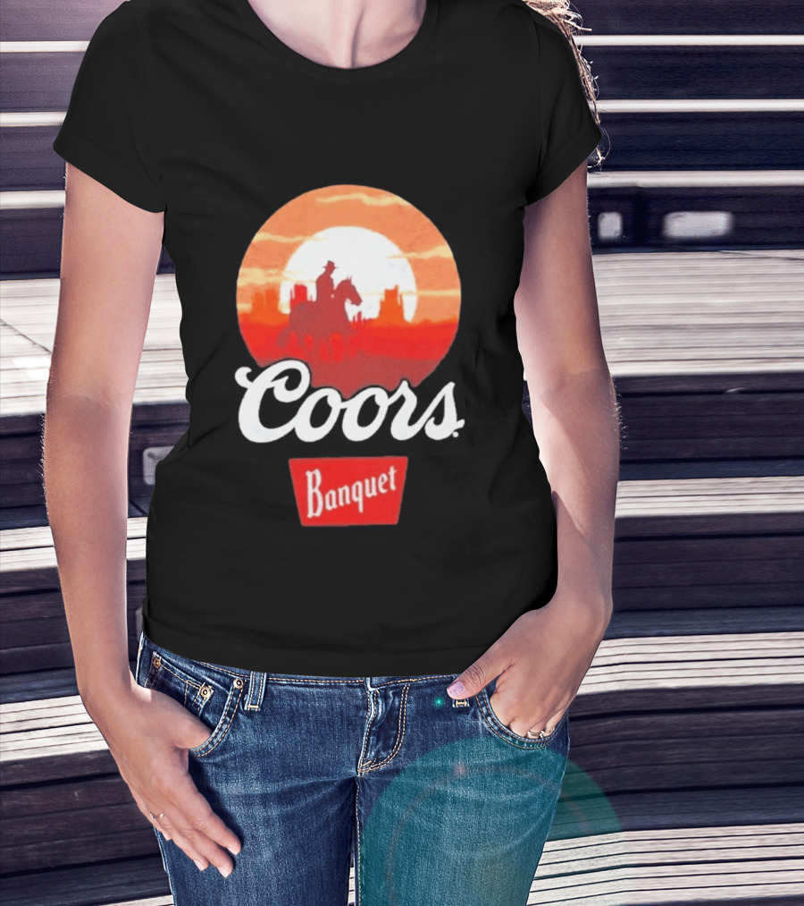 Coors Banquet Cowboy Horseback Riding At Sunset Western Scene T-Shirt