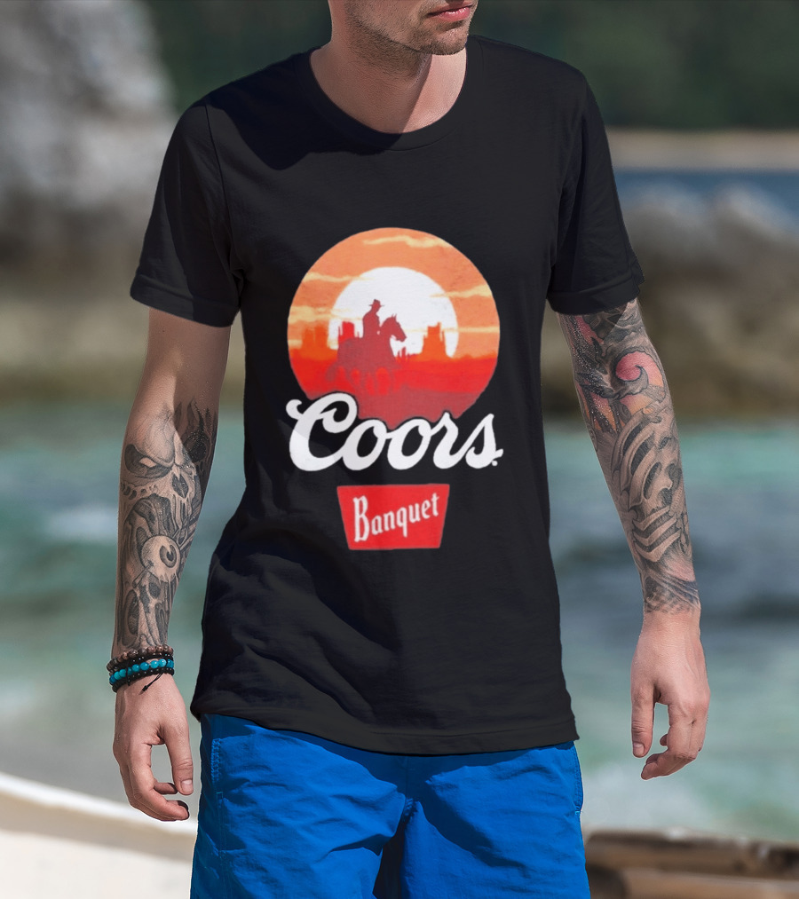 Coors Banquet Cowboy Horseback Riding At Sunset Western Scene T-Shirt