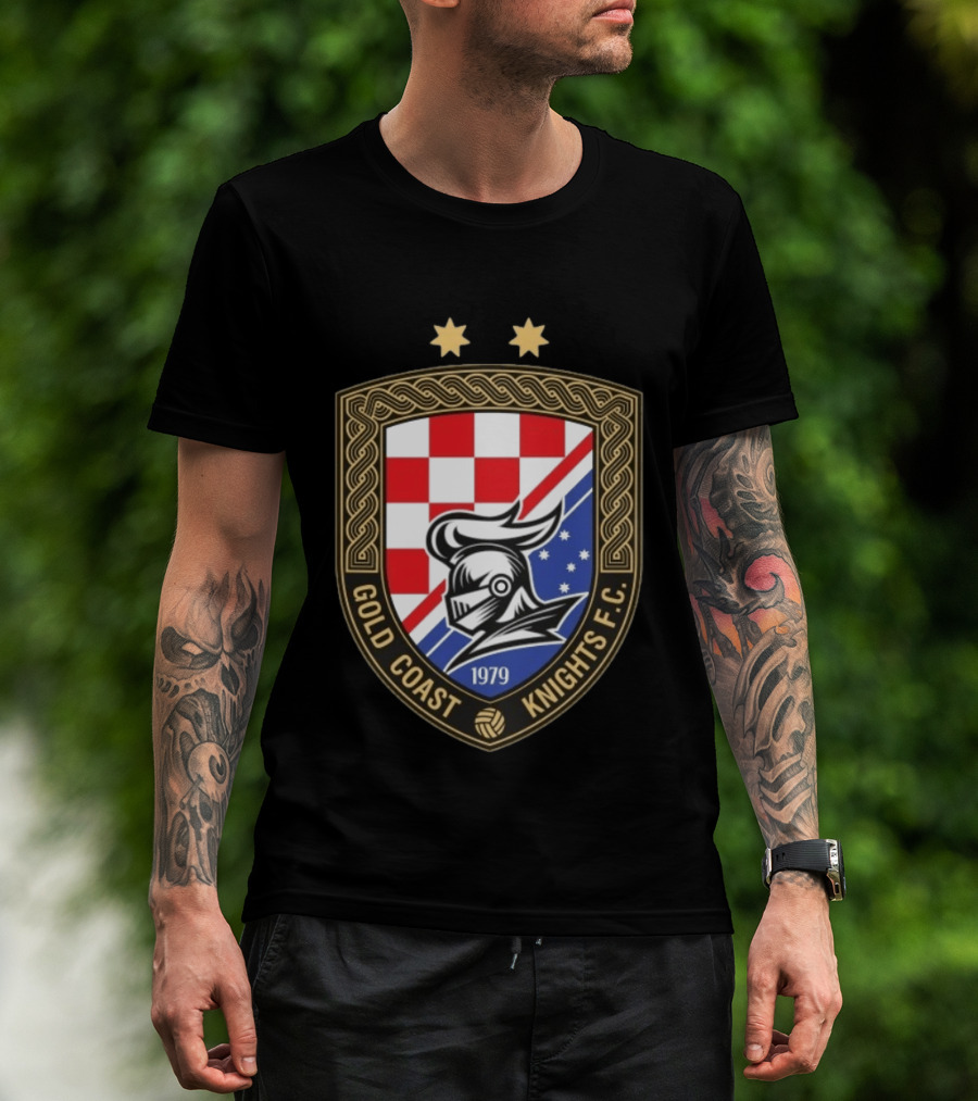 Gold Coast Knights F.C. 1979 Crest With Chessboard Pattern And Knight Helmet T-Shirt
