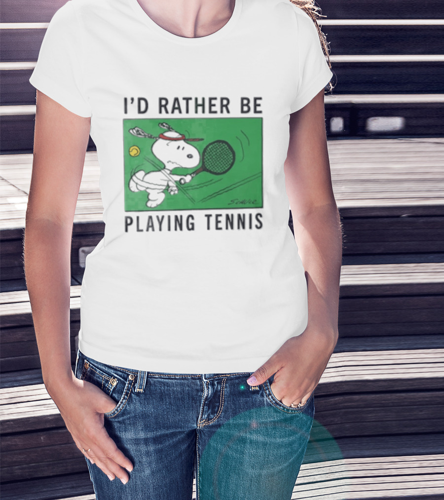 I'd Rather Be Playing Tennis Peanuts Snoopy Racquet Cartoon Green Court Schulz T-Shirt