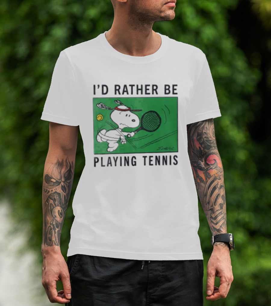 I'd Rather Be Playing Tennis Peanuts Snoopy Racquet Cartoon Green Court Schulz T-Shirt