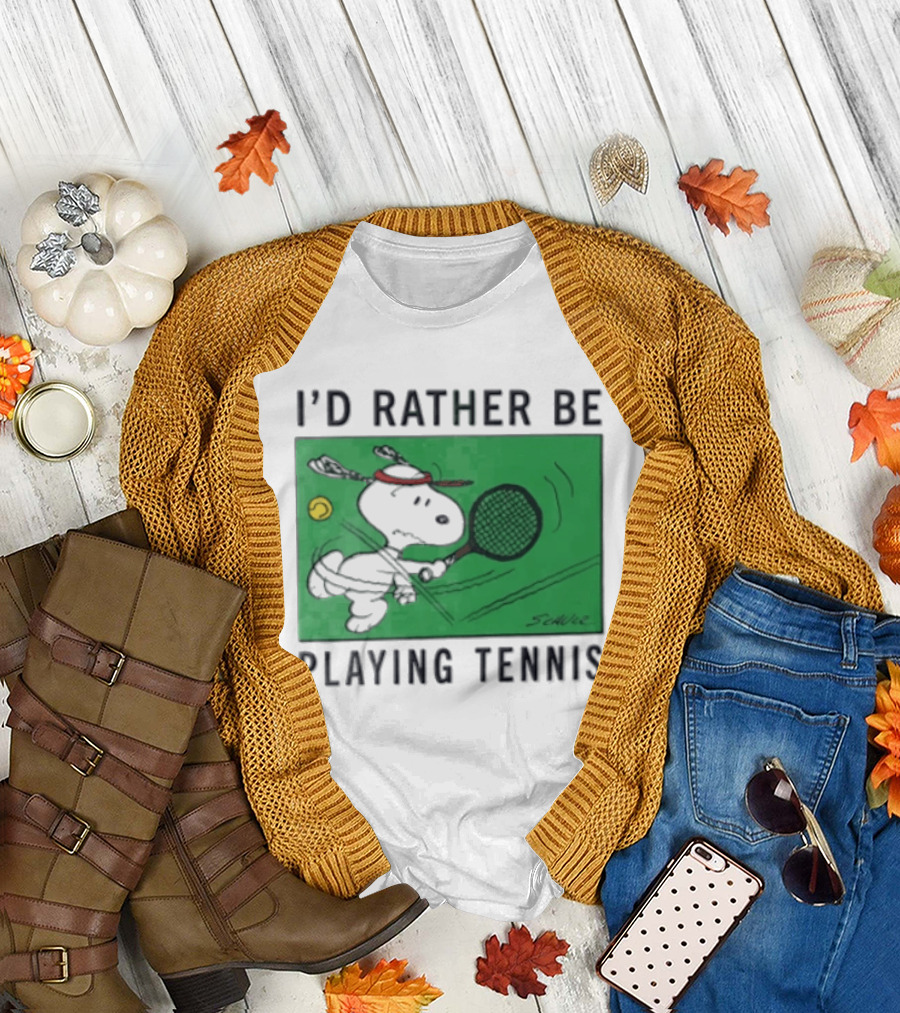 I'd Rather Be Playing Tennis Peanuts Snoopy Racquet Cartoon Green Court Schulz T-Shirt