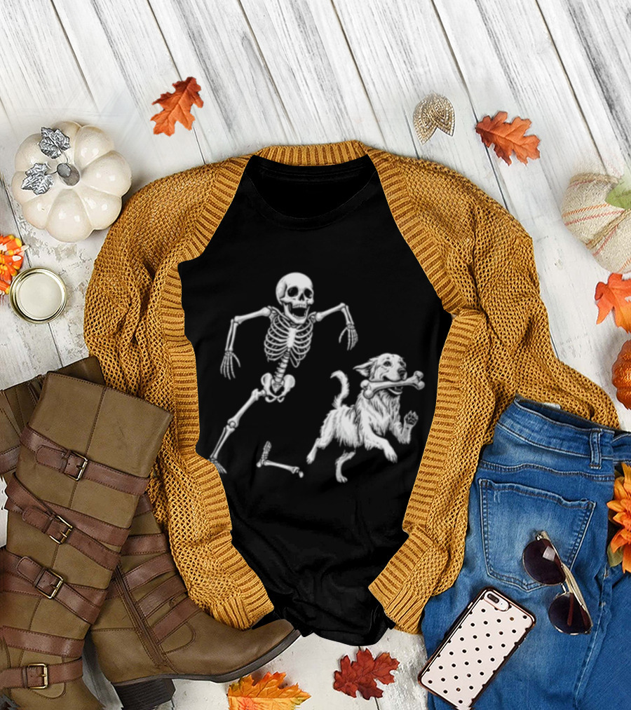 Skeleton Chasing Golden Retriever With Leg Bone T-Shirt