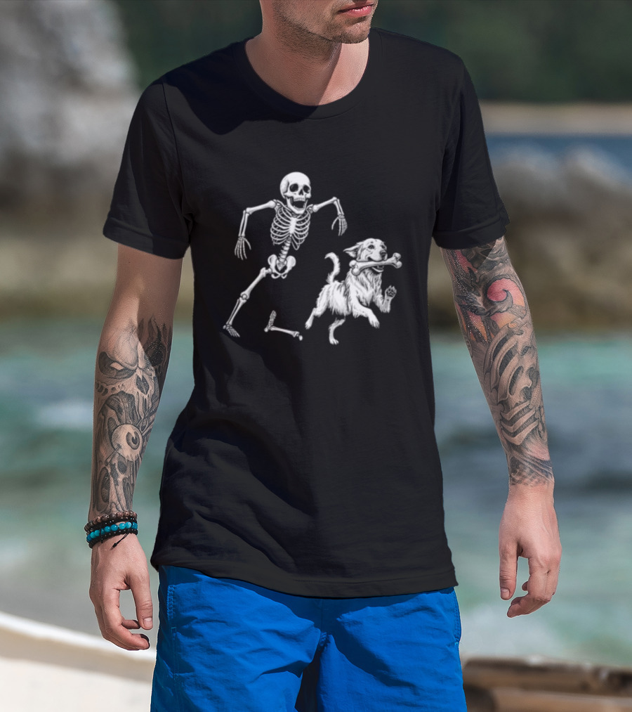 Skeleton Chasing Golden Retriever With Leg Bone T-Shirt