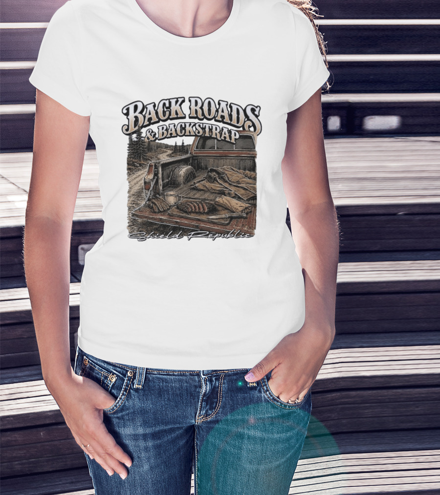 Back Roads & Backstrap Shield Republic Hunting Truck Scene T-Shirt