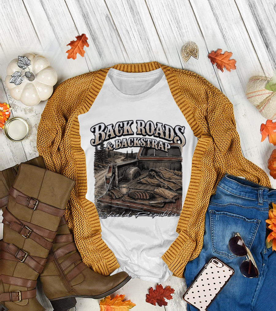 Back Roads & Backstrap Shield Republic Hunting Truck Scene T-Shirt