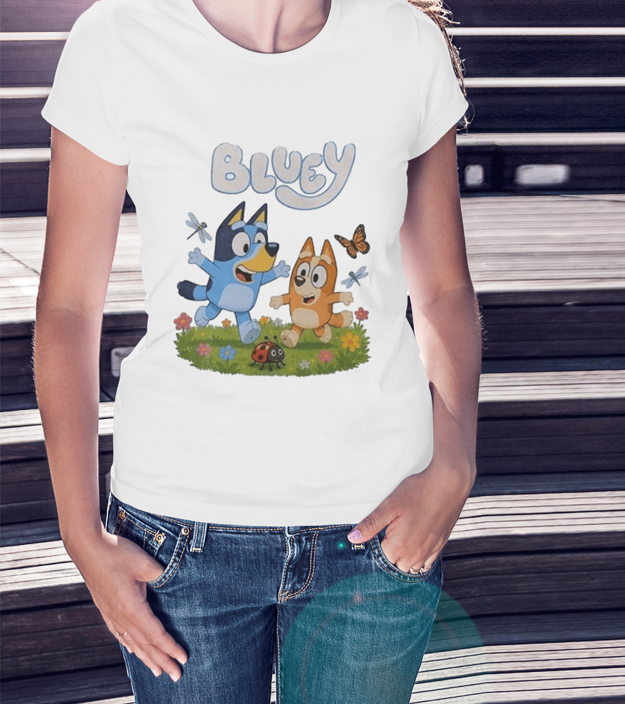 Bluey And Friends Playing With Bugs And Butterflies In The Meadow T-Shirt