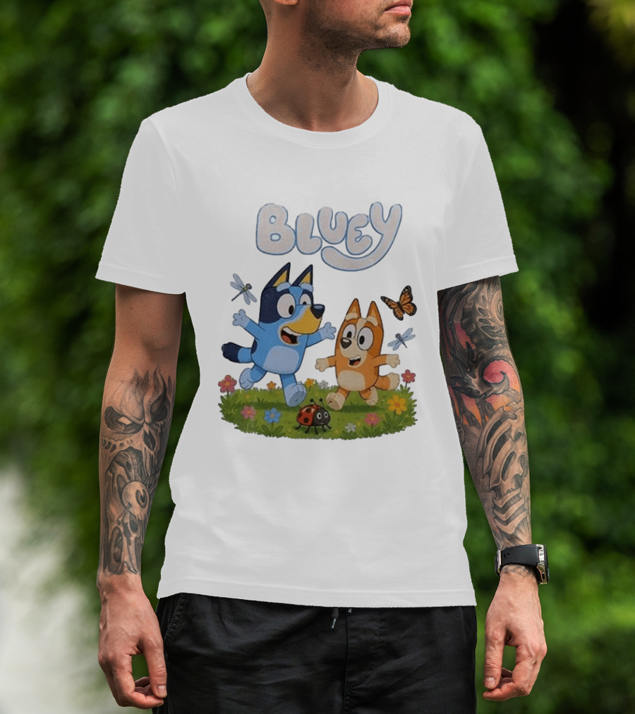 Bluey And Friends Playing With Bugs And Butterflies In The Meadow T-Shirt