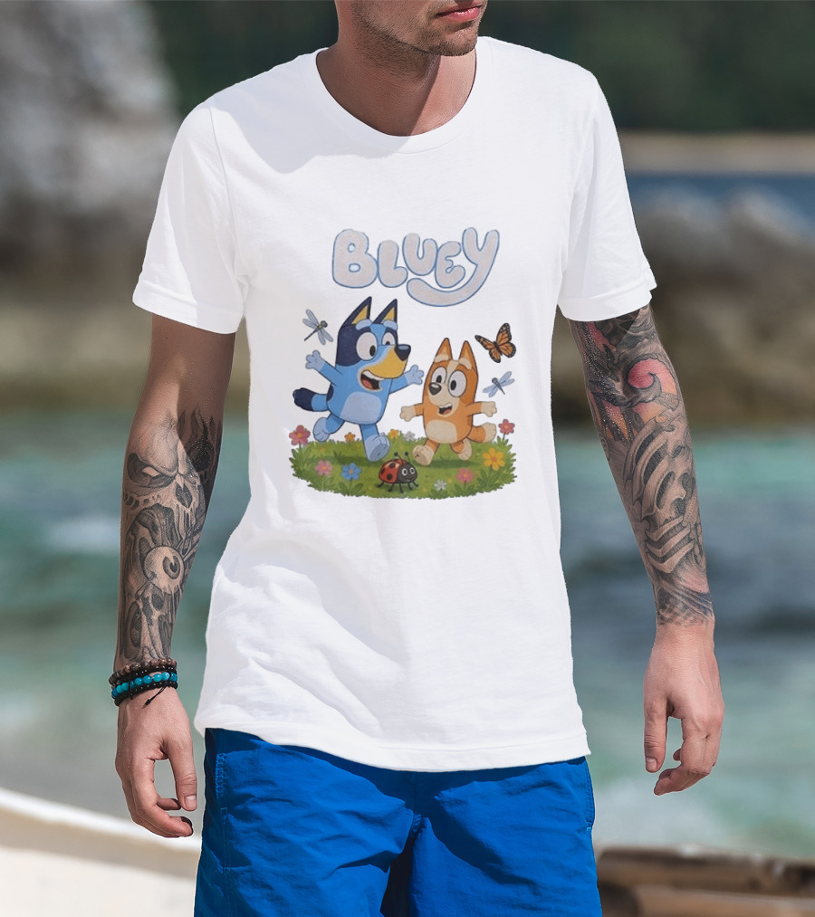 Bluey And Friends Playing With Bugs And Butterflies In The Meadow T-Shirt