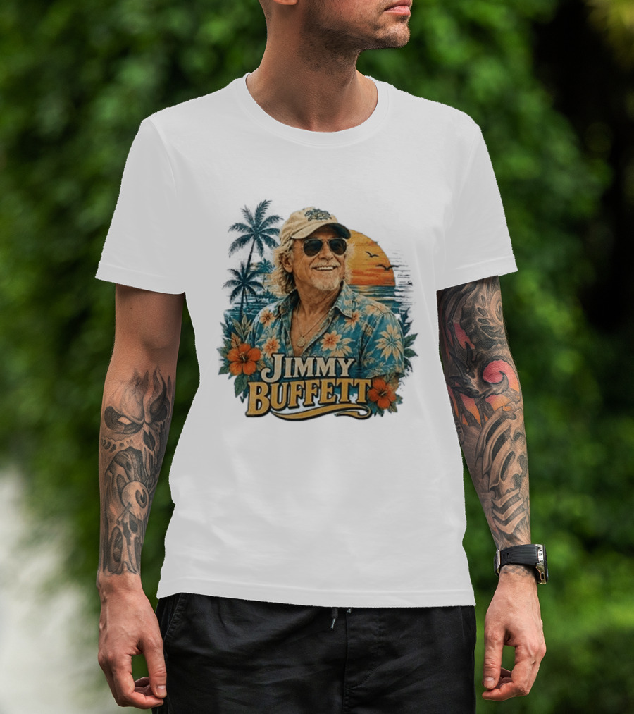 Jimmy Buffett Tropical Vibes Sunset And Palm Trees Floral T-Shirt