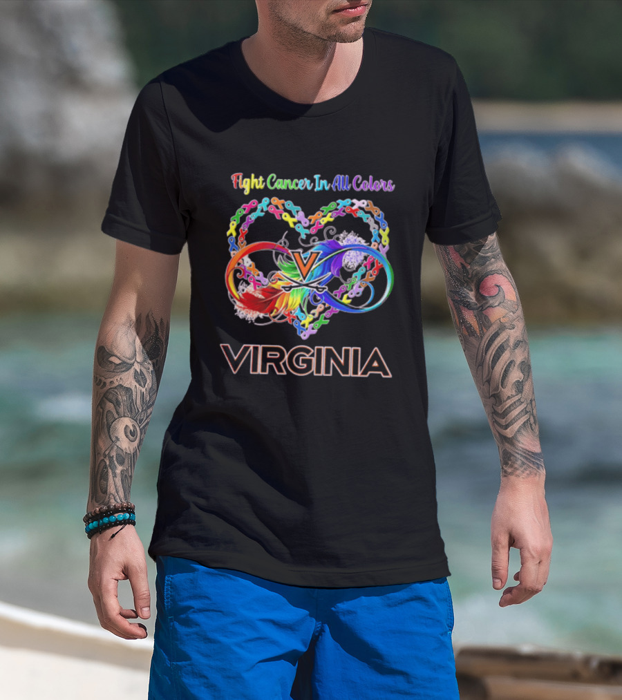 Virginia Cavaliers Fight Cancer In All Colors Ribbon Heart Rainbow Feather Infinity T-Shirt