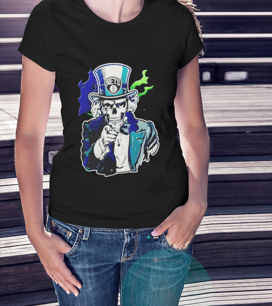 Brooklyn Nets Skeleton Uncle Sam Top Hat Pointing Stripes T-Shirt