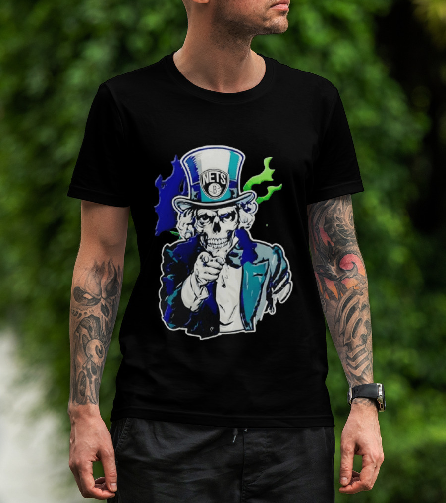 Brooklyn Nets Skeleton Uncle Sam Top Hat Pointing Stripes T-Shirt