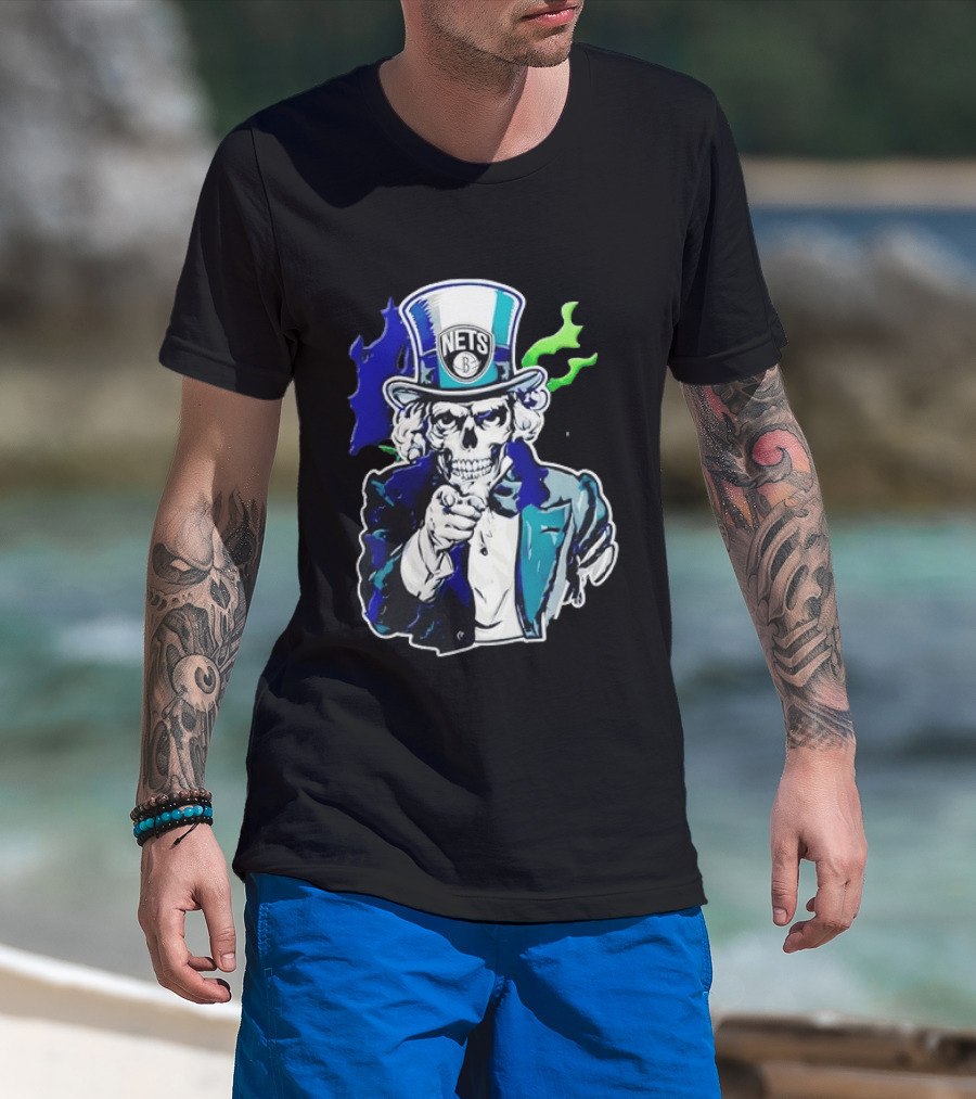 Brooklyn Nets Skeleton Uncle Sam Top Hat Pointing Stripes T-Shirt