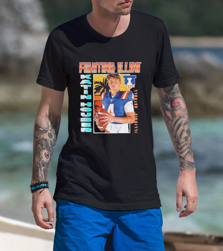 Fighting Illini Katin Houser Illinois Football Distressed Palm Tree T-Shirt