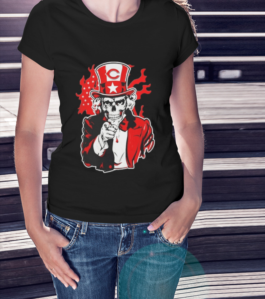 Cincinnati Reds Skeleton Uncle Sam Pointing US Flag Flames T-Shirt