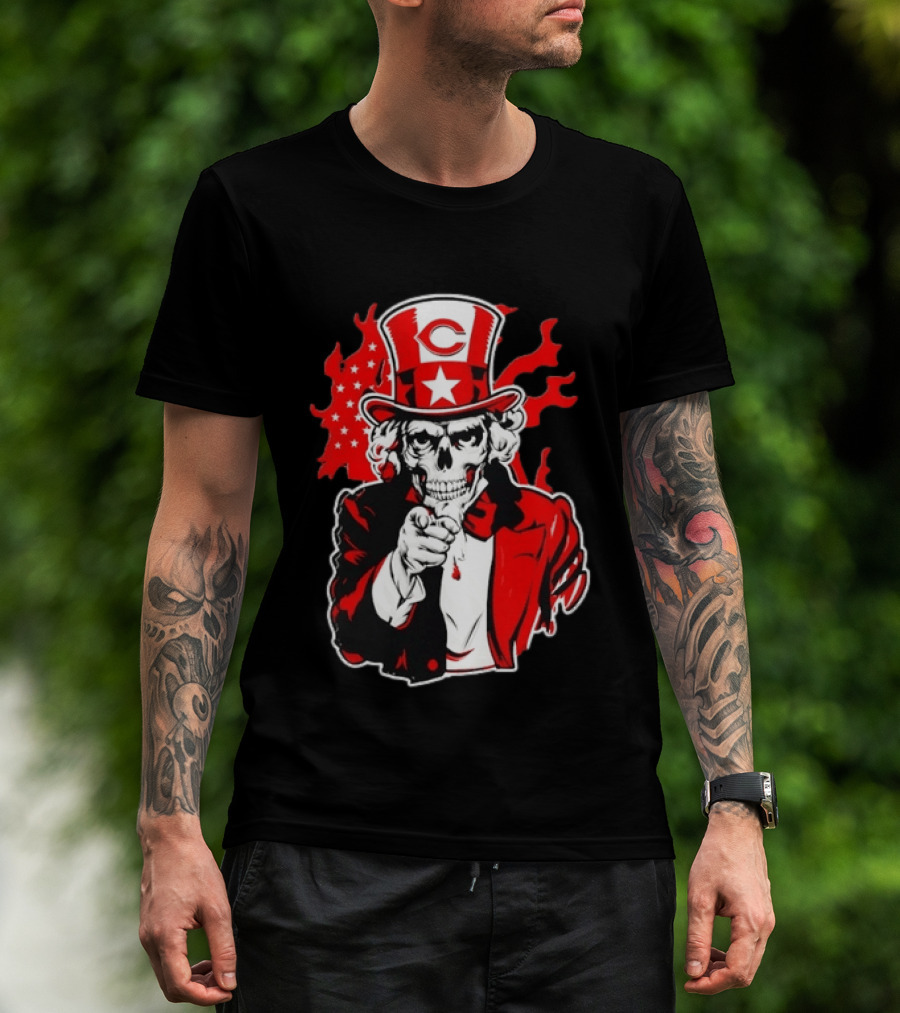 Cincinnati Reds Skeleton Uncle Sam Pointing US Flag Flames T-Shirt