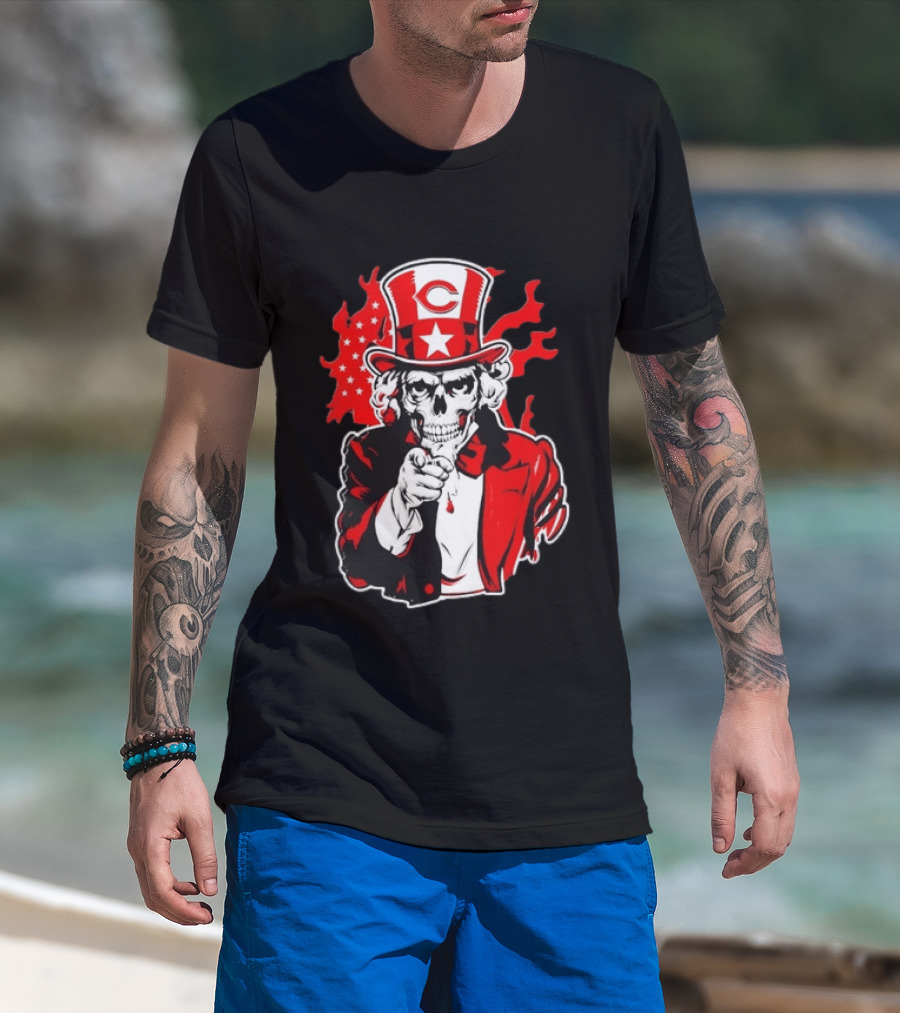 Cincinnati Reds Skeleton Uncle Sam Pointing US Flag Flames T-Shirt