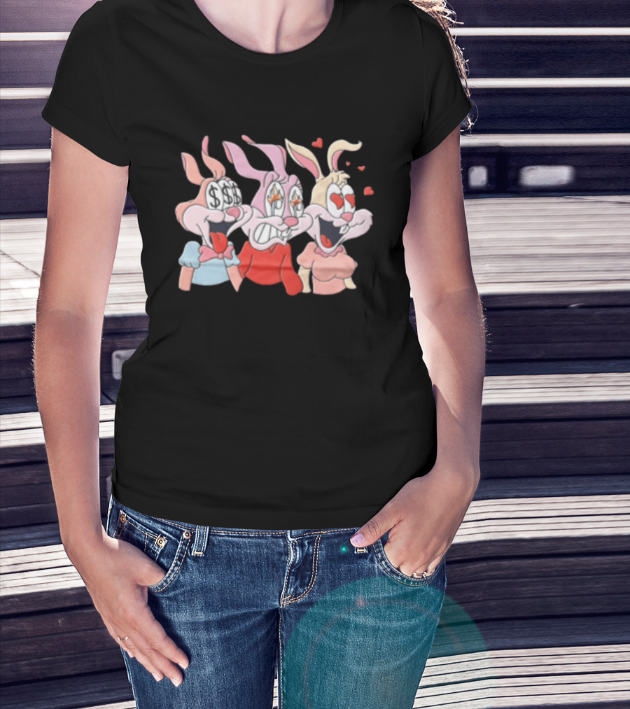 Three Cartoon Female Rabbits Dollar Signs Fire Heart Eyes Expressions T-Shirt