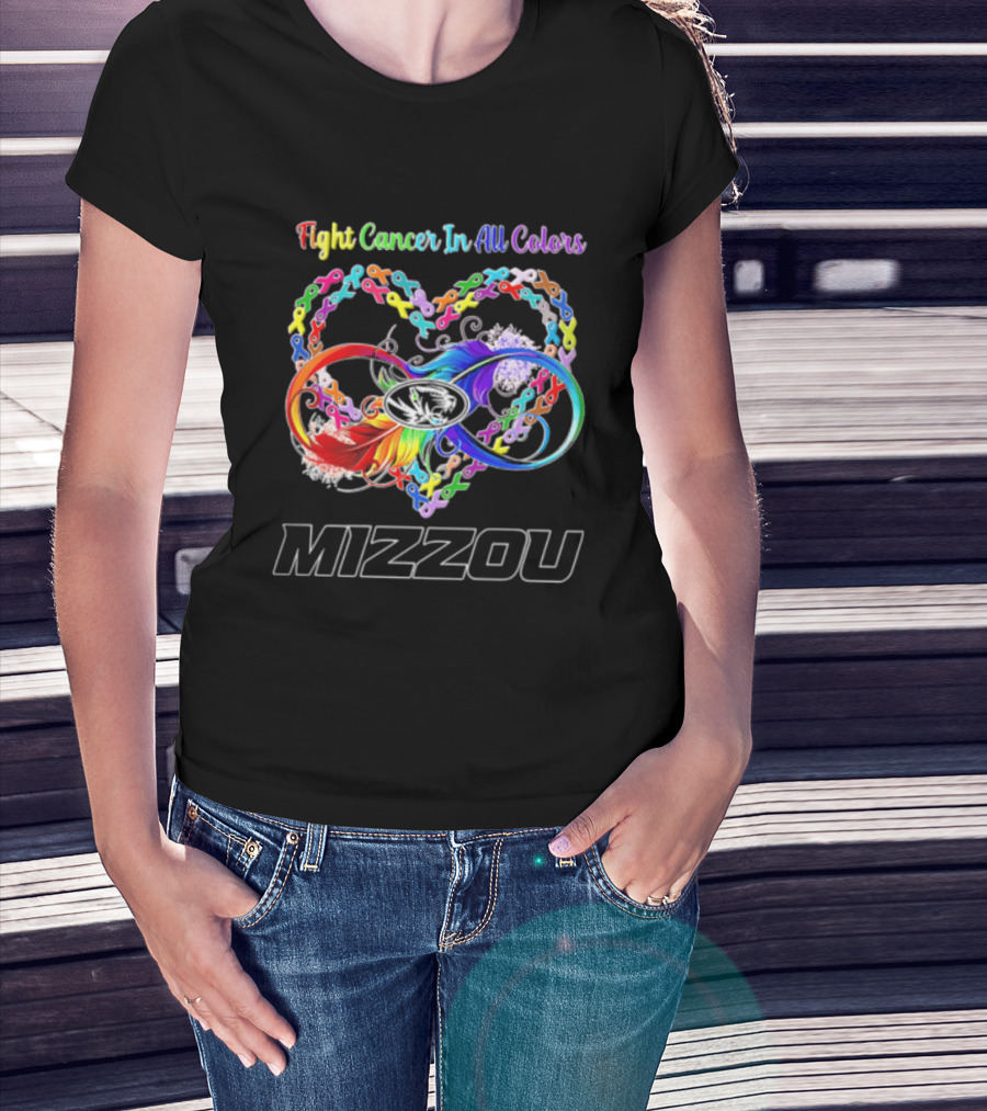 Mizzou Fight Cancer In All Colors Heart Infinity Ribbon Rainbow Feather T-Shirt