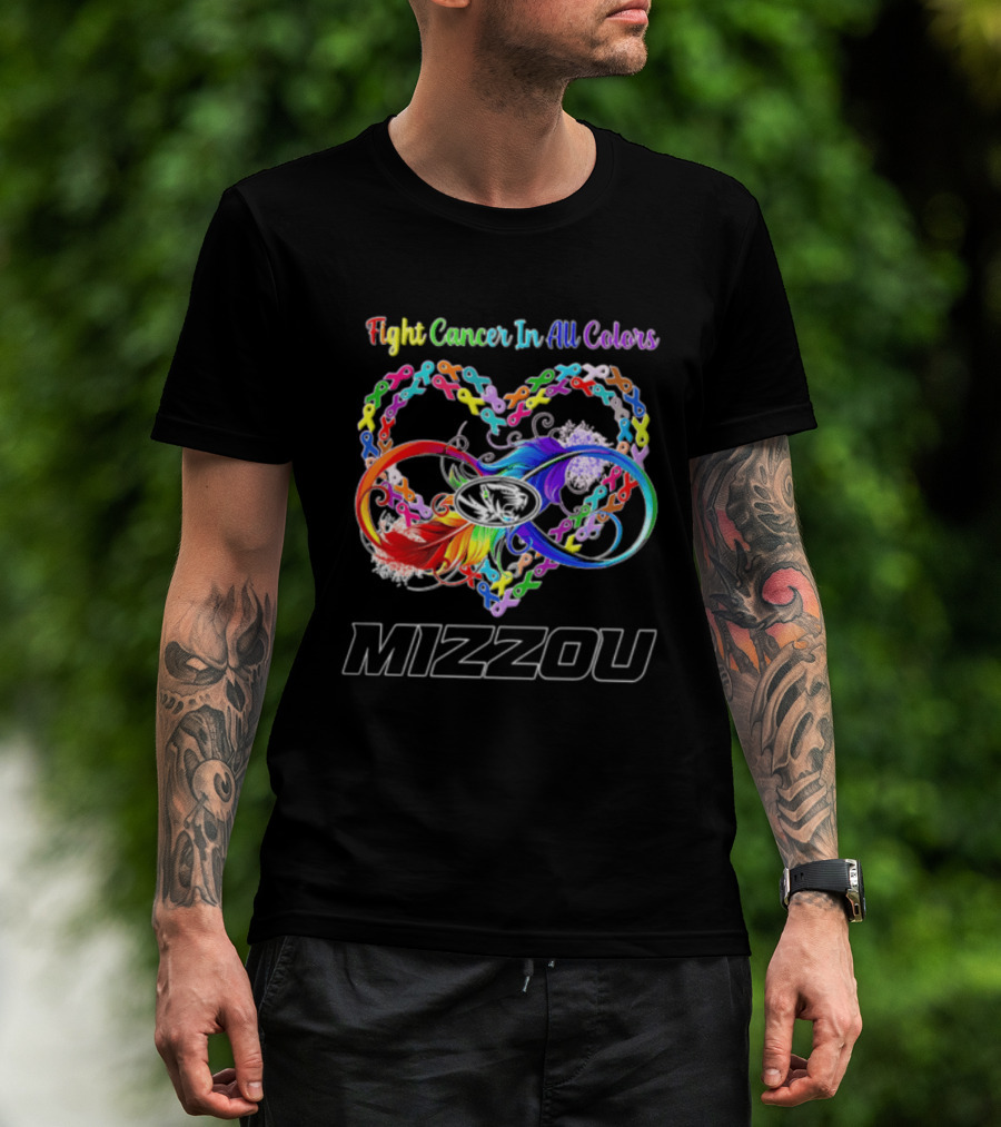 Mizzou Fight Cancer In All Colors Heart Infinity Ribbon Rainbow Feather T-Shirt