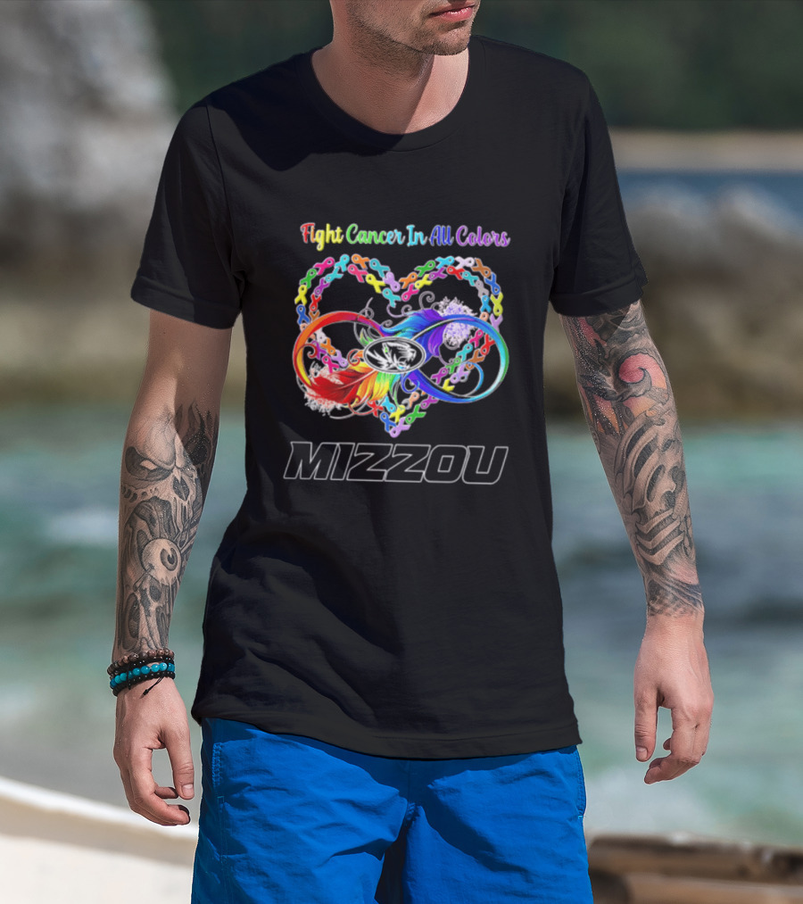Mizzou Fight Cancer In All Colors Heart Infinity Ribbon Rainbow Feather T-Shirt