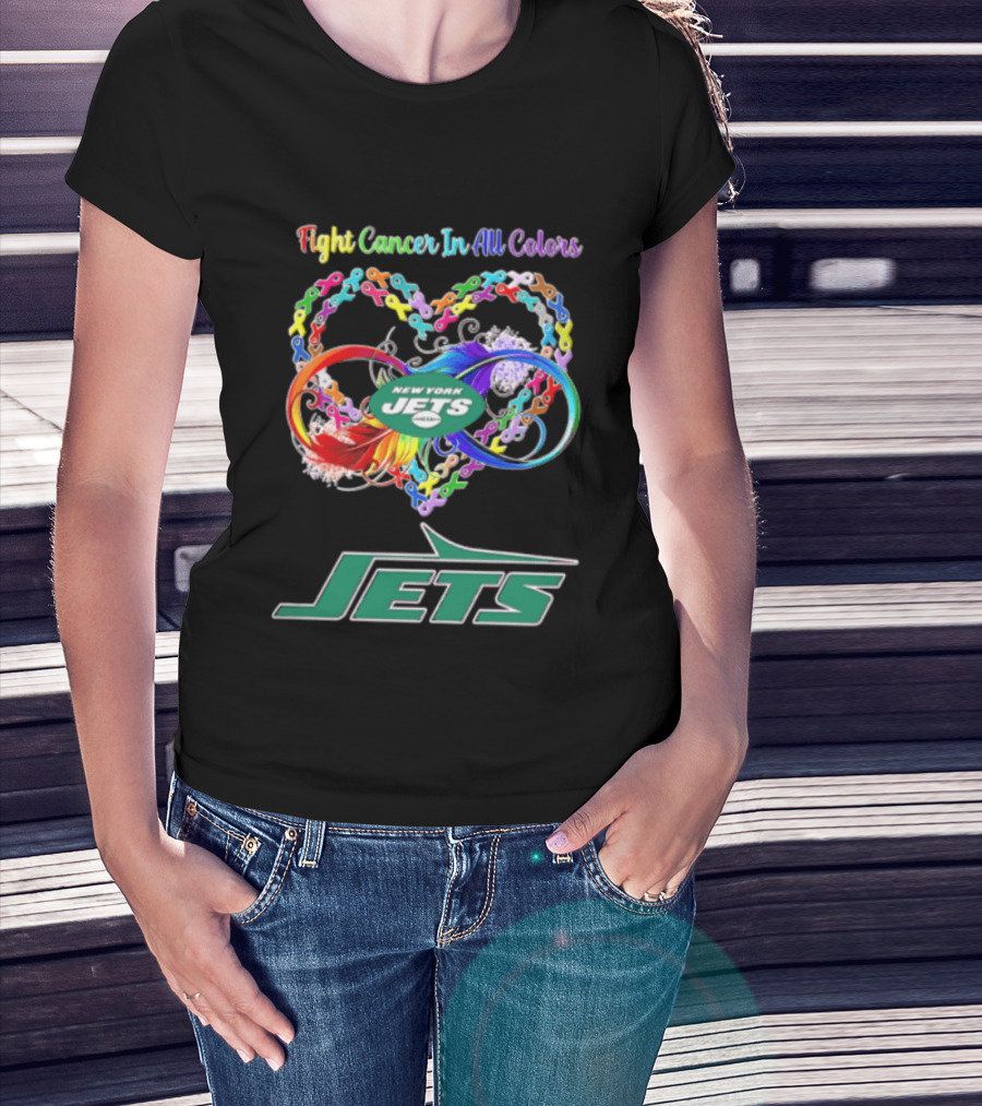 New York Jets Fight Cancer Rainbow Ribbons Infinity Heart Feather T-Shirt
