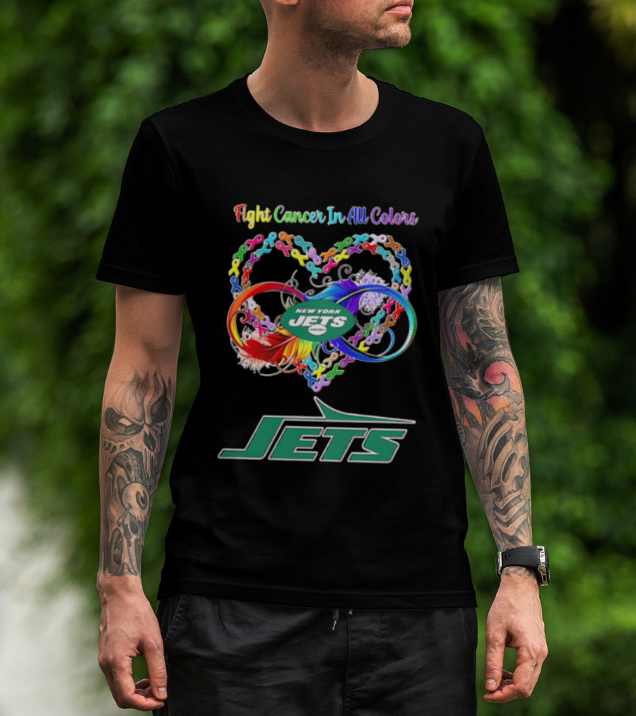 New York Jets Fight Cancer Rainbow Ribbons Infinity Heart Feather T-Shirt