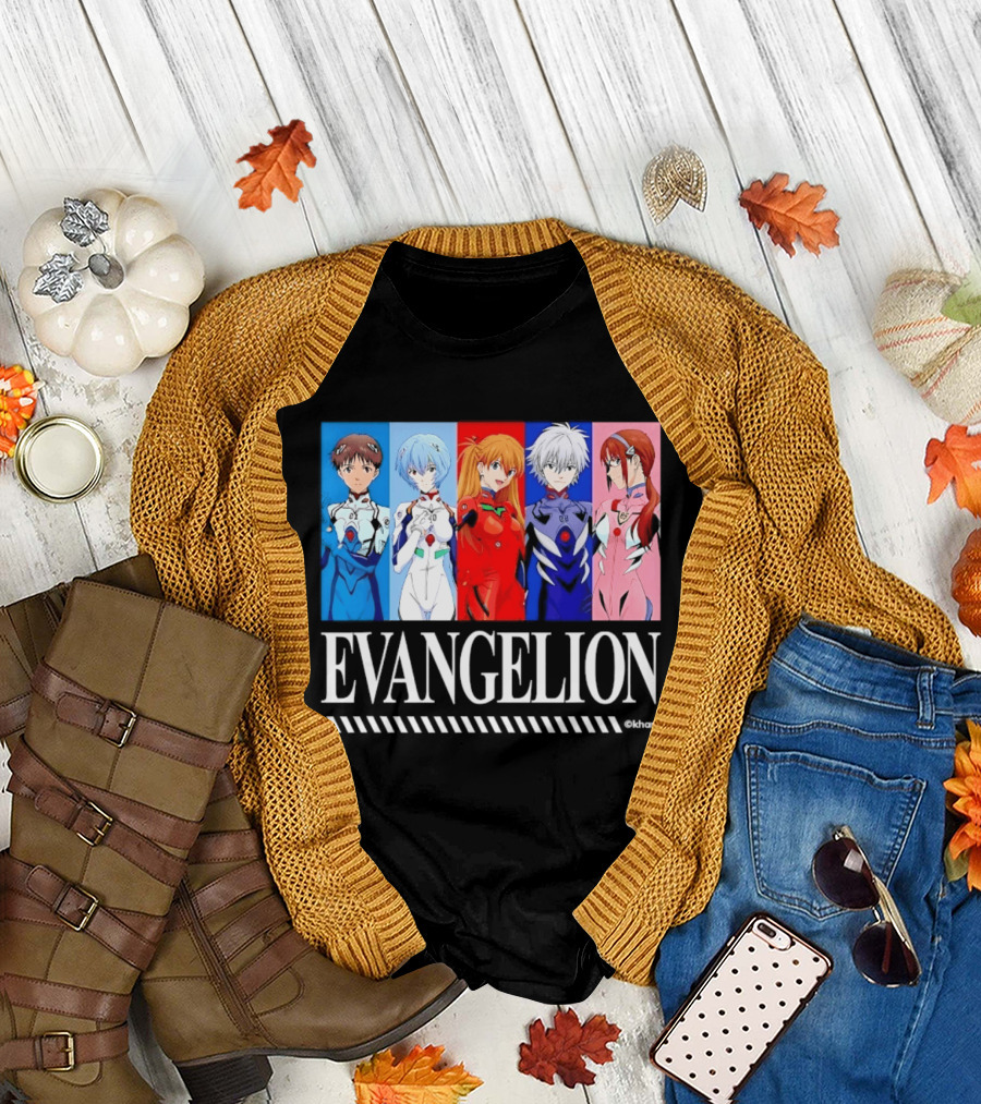 Evangelion Group Shinji Ikari Rei Asuka Kaworu Mari Characters Anime Series T-Shirt