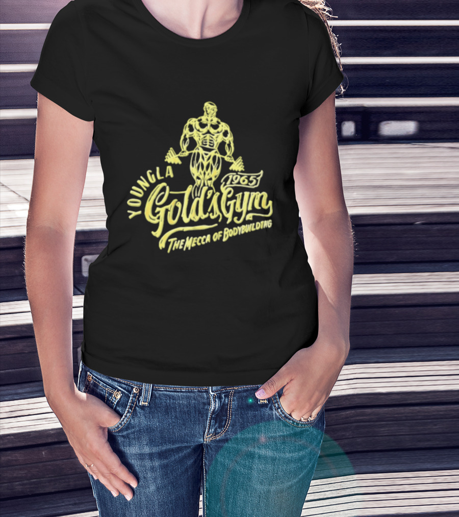 Youngla Golds Gym 1965 The Mecca Of Bodybuilding Muscular Man Holding Barbell T-Shirt