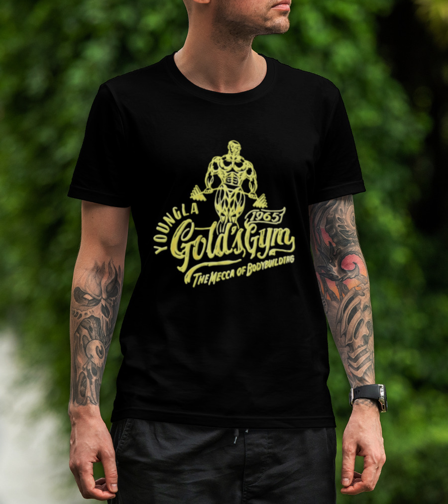 Youngla Golds Gym 1965 The Mecca Of Bodybuilding Muscular Man Holding Barbell T-Shirt