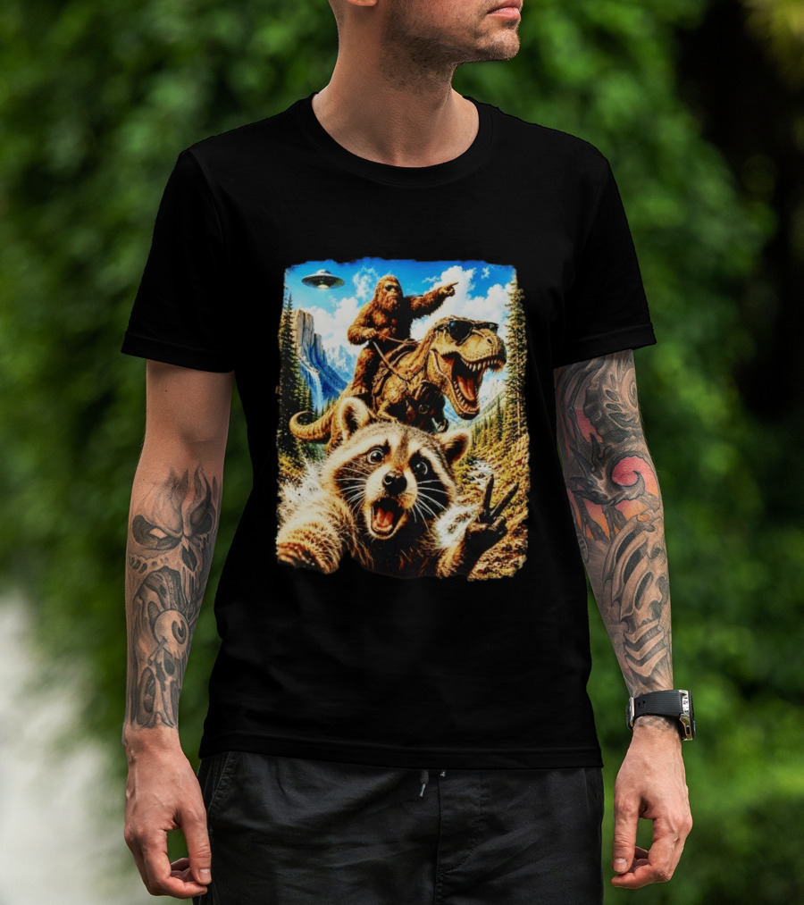 Raccoon Selfie Bigfoot Rex Adventure With UFO And Mountains T-Shirt