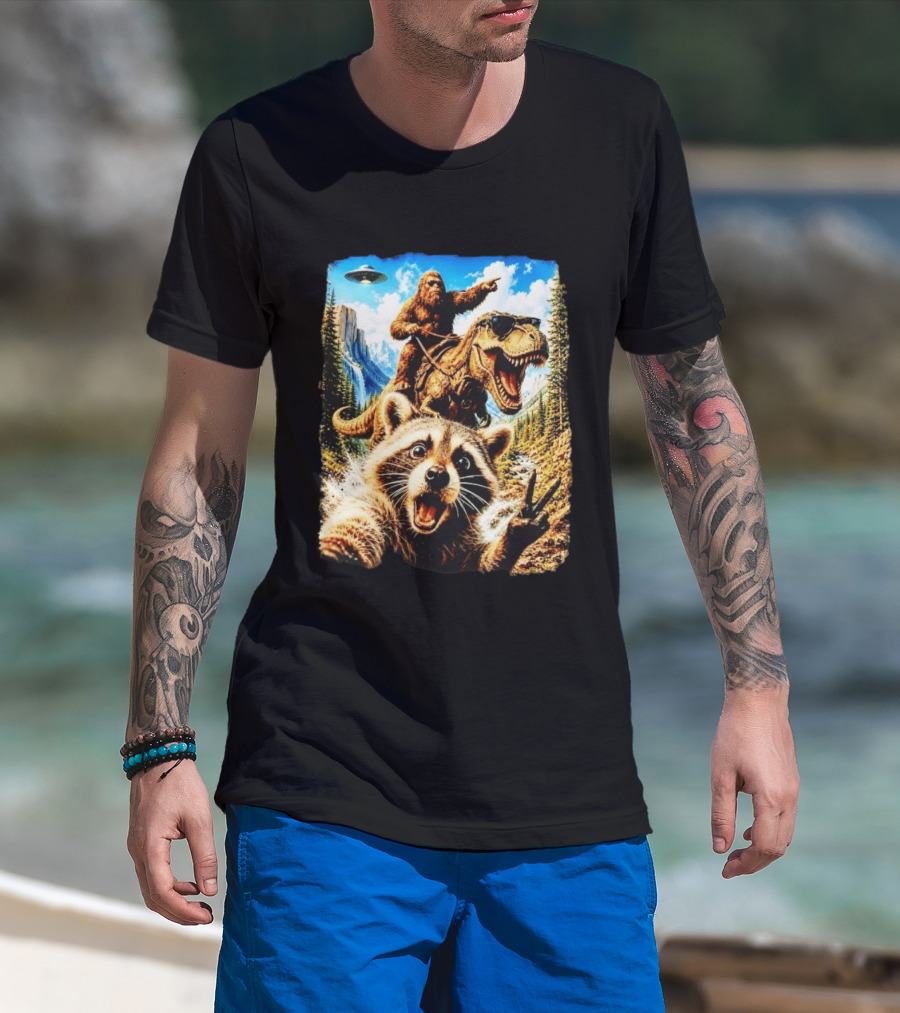 Raccoon Selfie Bigfoot Rex Adventure With UFO And Mountains T-Shirt