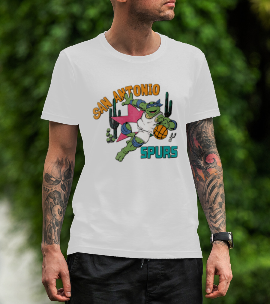 San Antonio Spurs Cartoon Turtle Dribbling Basketball Cacti T-Shirt