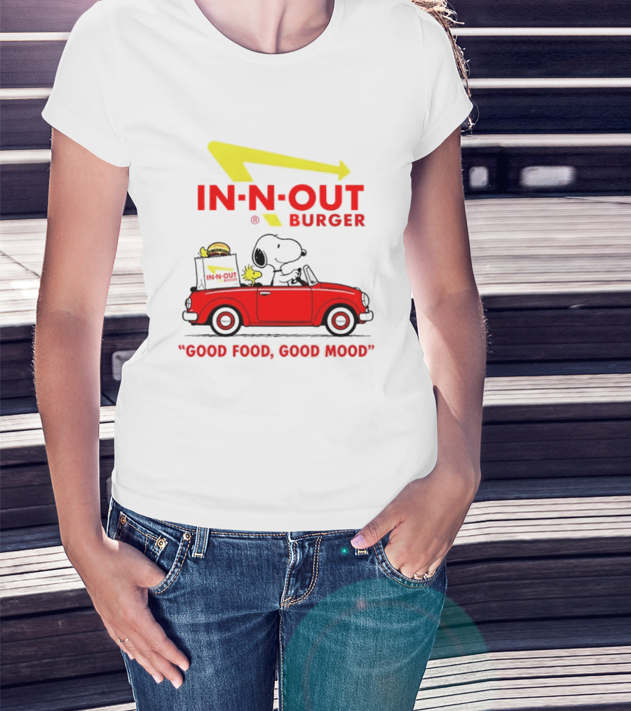 In N Out Burger Snoopy Woodstock Driving Red Convertible Good Food Good Mood T-Shirt