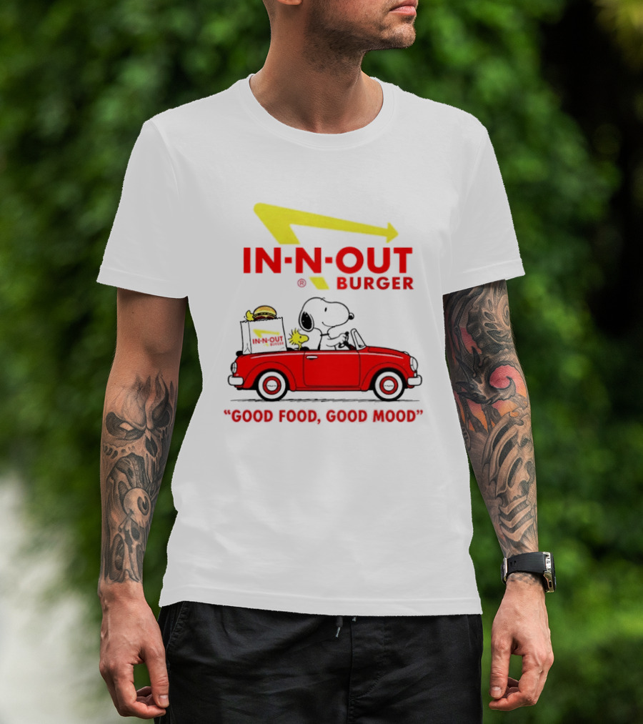 In N Out Burger Snoopy Woodstock Driving Red Convertible Good Food Good Mood T-Shirt