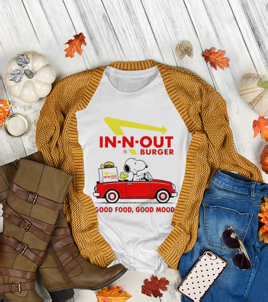 In N Out Burger Snoopy Woodstock Driving Red Convertible Good Food Good Mood T-Shirt
