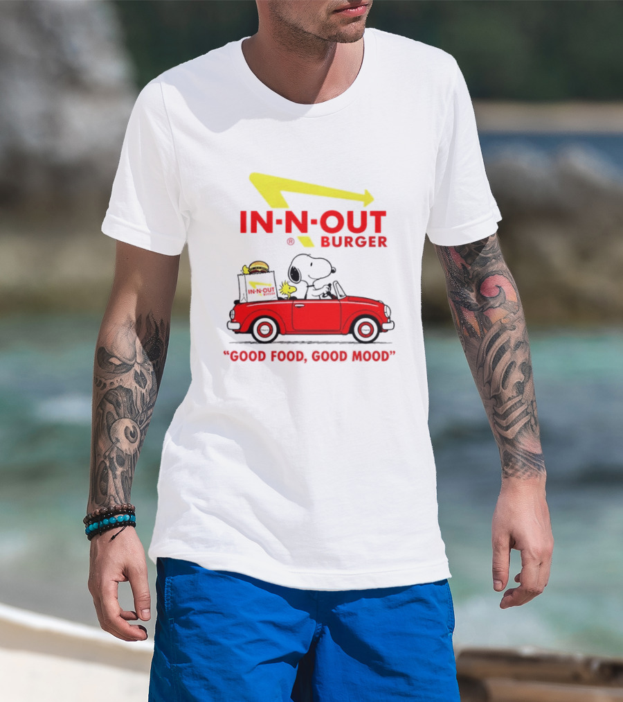 In N Out Burger Snoopy Woodstock Driving Red Convertible Good Food Good Mood T-Shirt