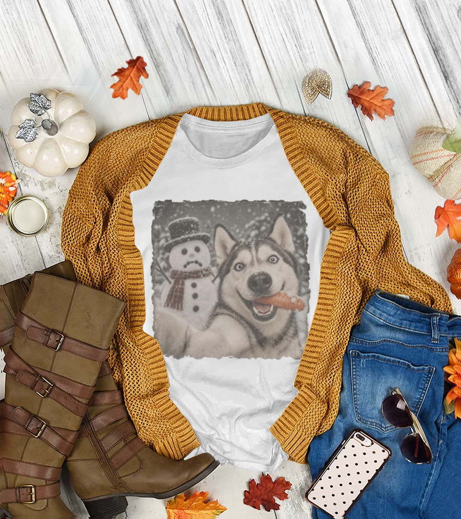 A Sled Dog With A Carrot And A Sad Snowman In A Snowy Winter Scene T-Shirt